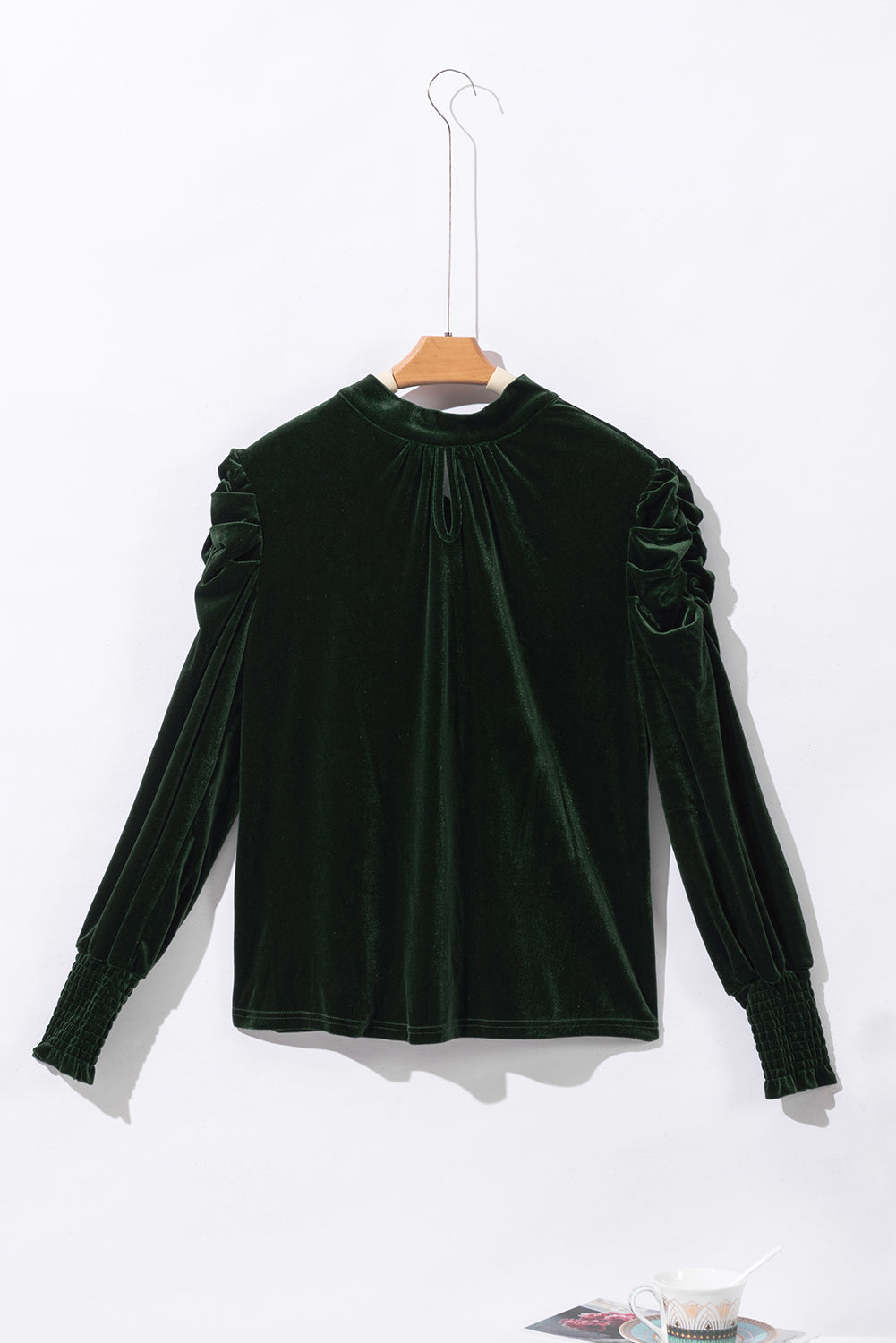 Mock Neck Puff Sleeve Velvet Blouse | Blackish Green