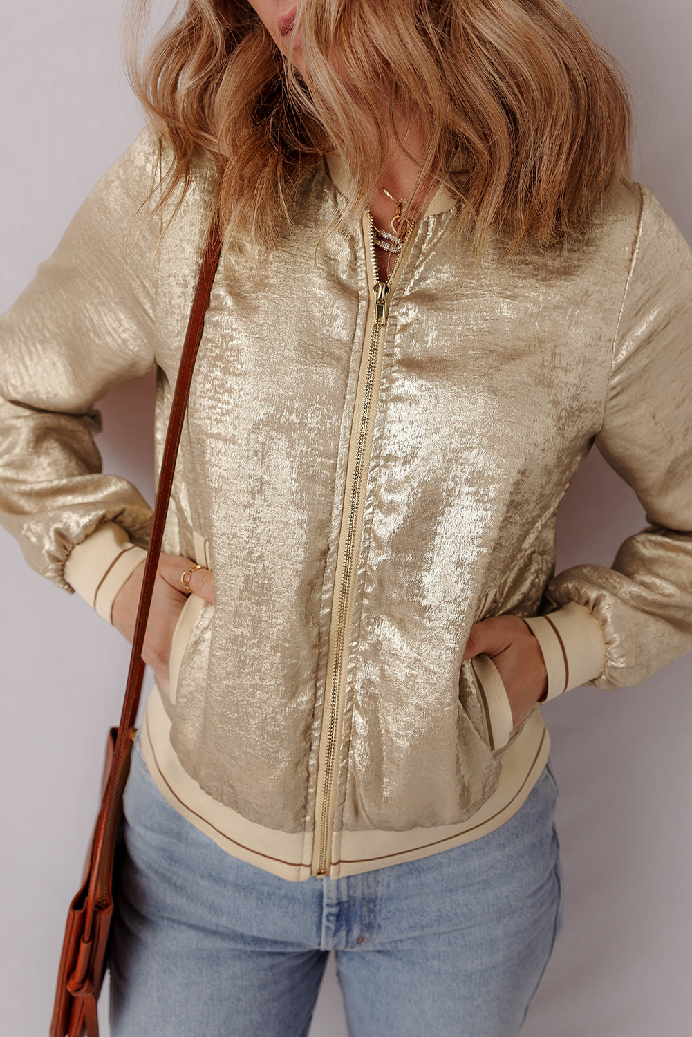 Metallic Zip Up Baseball Jacket | Pale Khaki