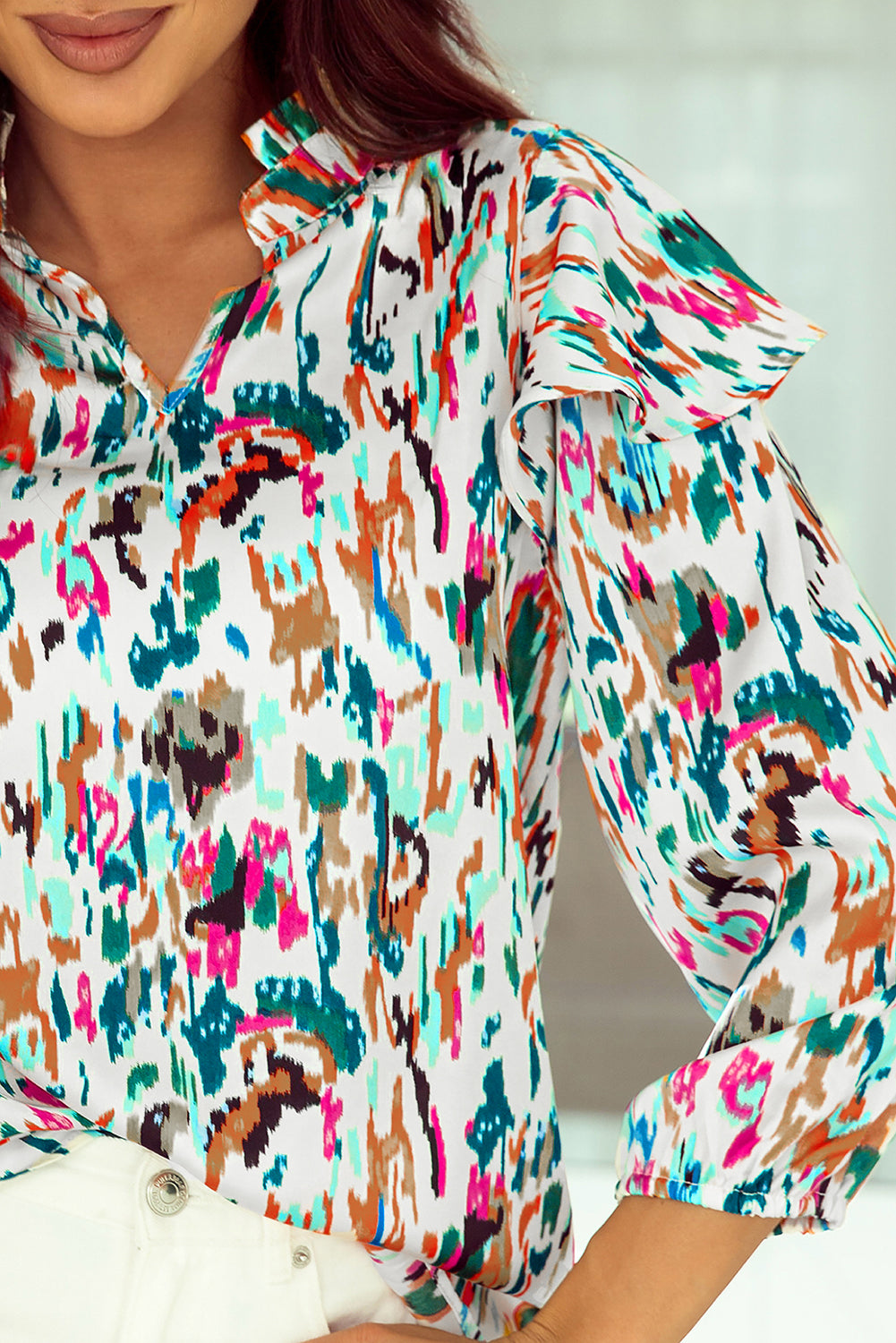 Abstract Print 3/4 Puff Sleeve Ruffle Blouse | Multicolour