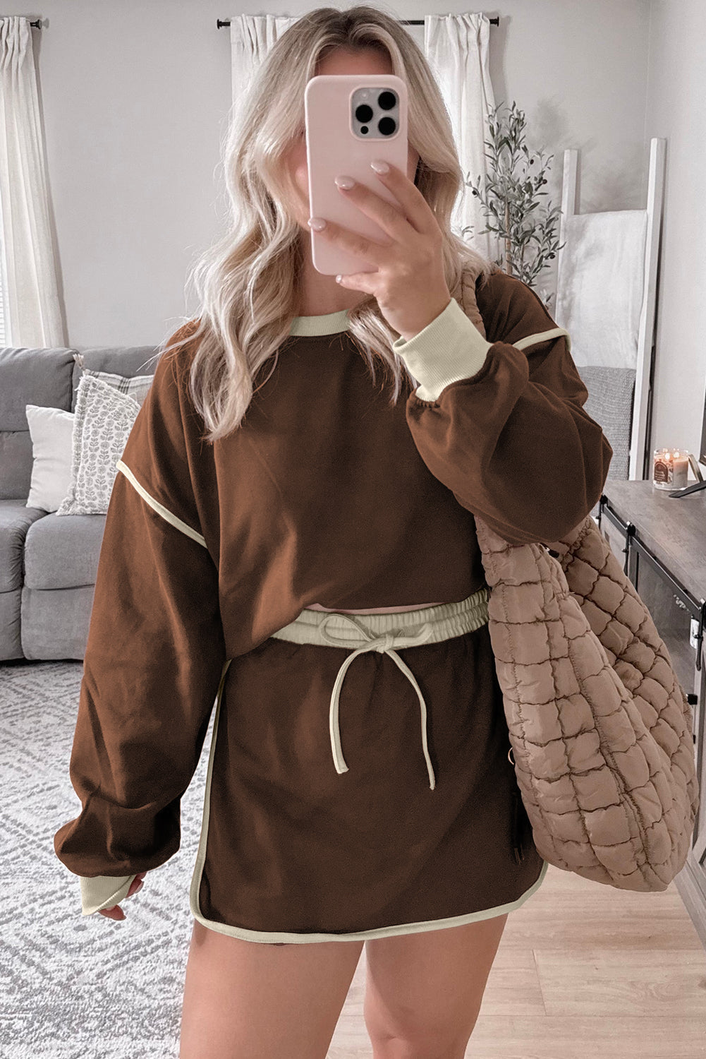 Colour Contrast Loose Pullover And Lace-Up Waist Skort Set | Coffee