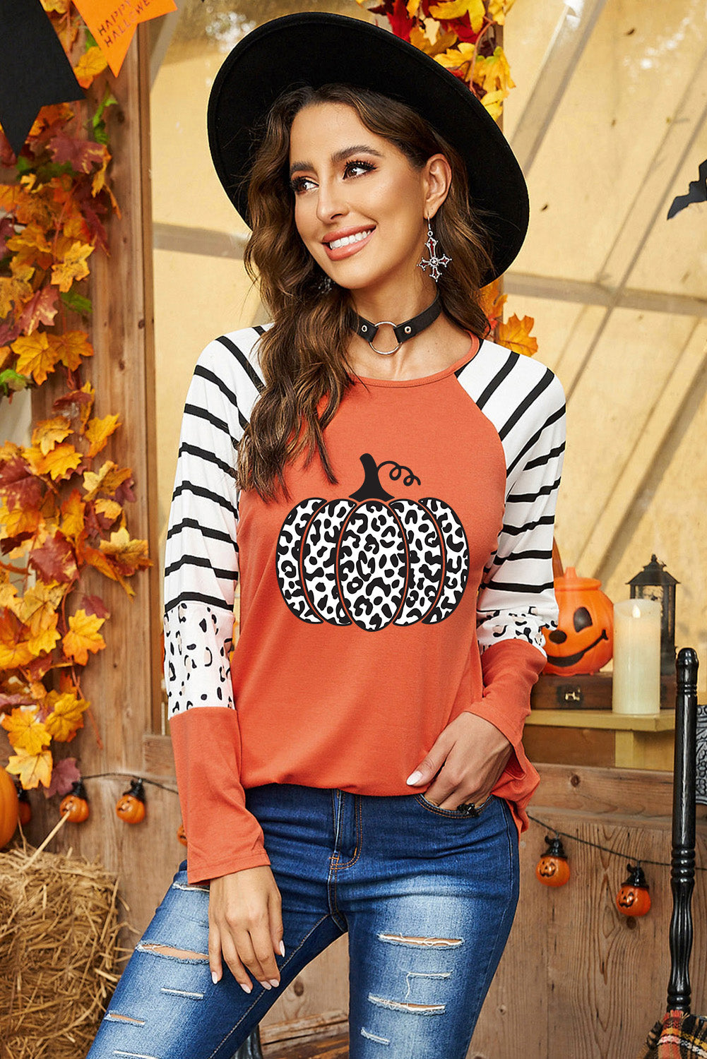 Leopard Pumpkin Graphic Contrast Long Sleeve Top | Orange