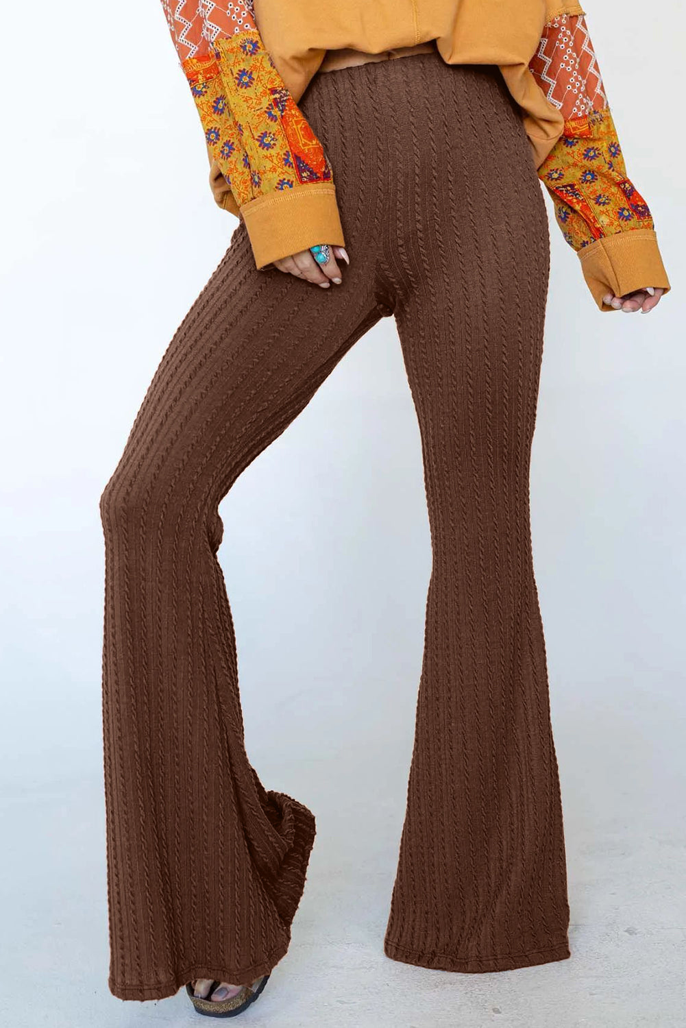 Coffee Textured Knit Mid Waist Flare Pants