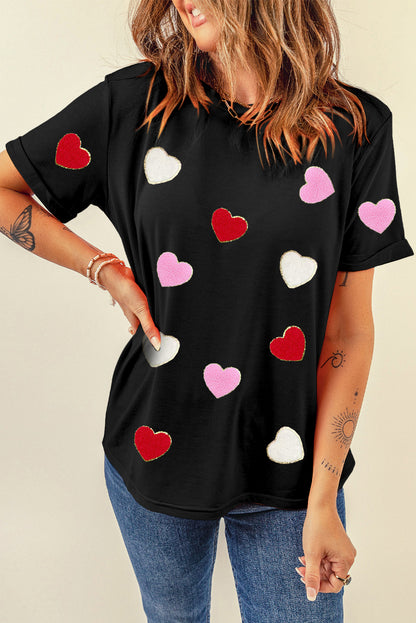 Valentines Chenille Heart Patched Pattern Crewneck Tee | Black