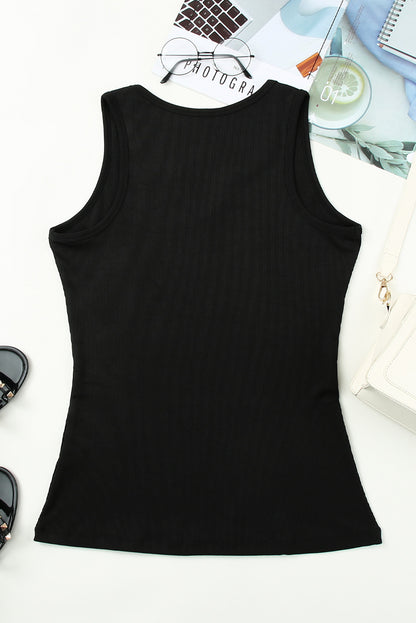 Split Neck Ribbed Knit Tank Top | Black