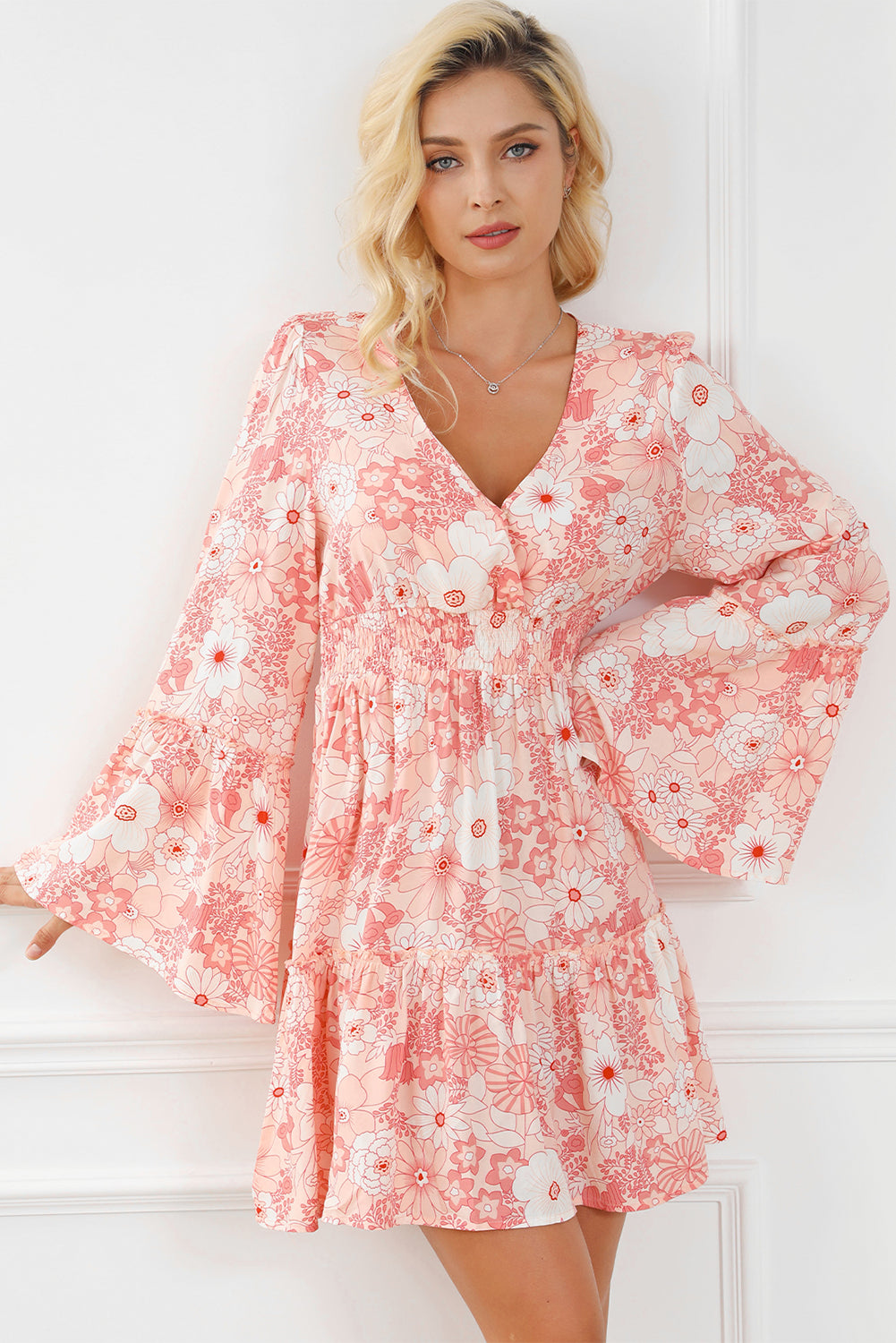 Floral Smocked High Waist Bell Sleeve Mini Dress | Apricot Powder