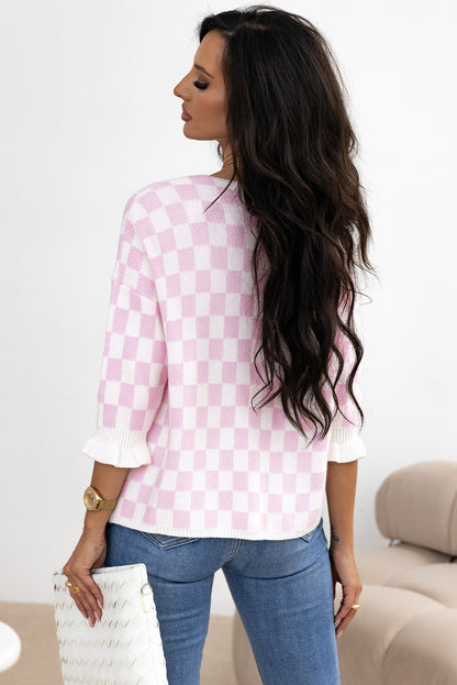 Checkered Knitted Lace-Up Ruffled 3/4 Sleeve Cardigan | Light Pink