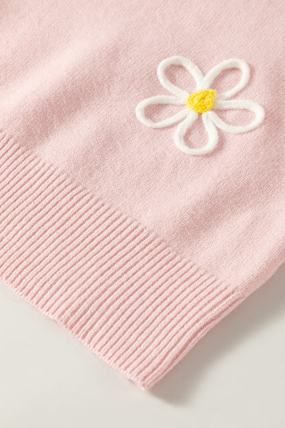 Chenille Daisy Stitching Crew Neck Sweater | Pink