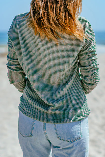 Waffle Knit Drop Shoulder Long Sleeve Top | Green