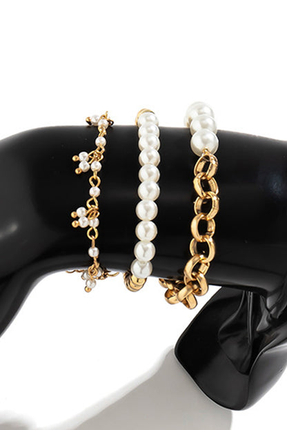 3Pcs Pearl Plated Alloy Beaded Bracelet Set | Gold