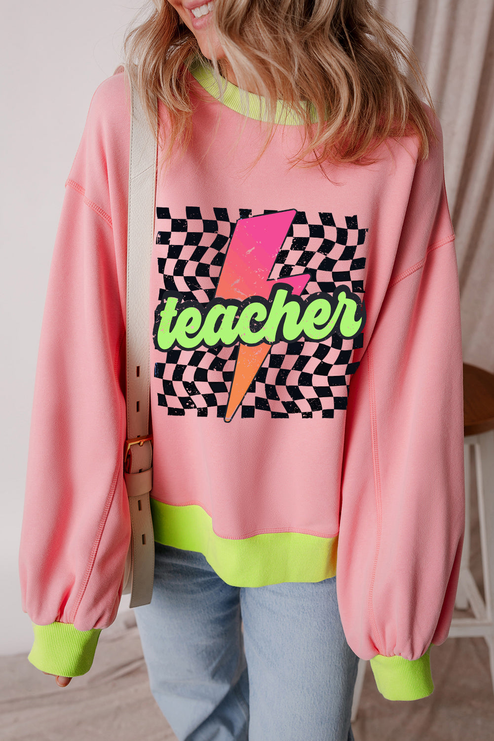 Teacher Lightning Checkered Print Colour Block Sweatshirt | Pink