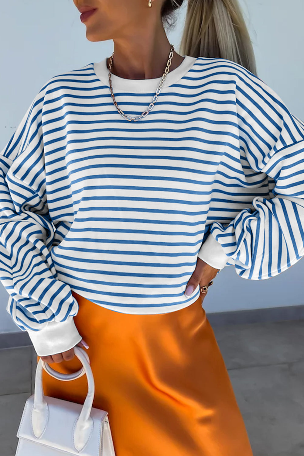 Drop Shoulder Crew Neck Loose Sweatshirt | Blue Stripe