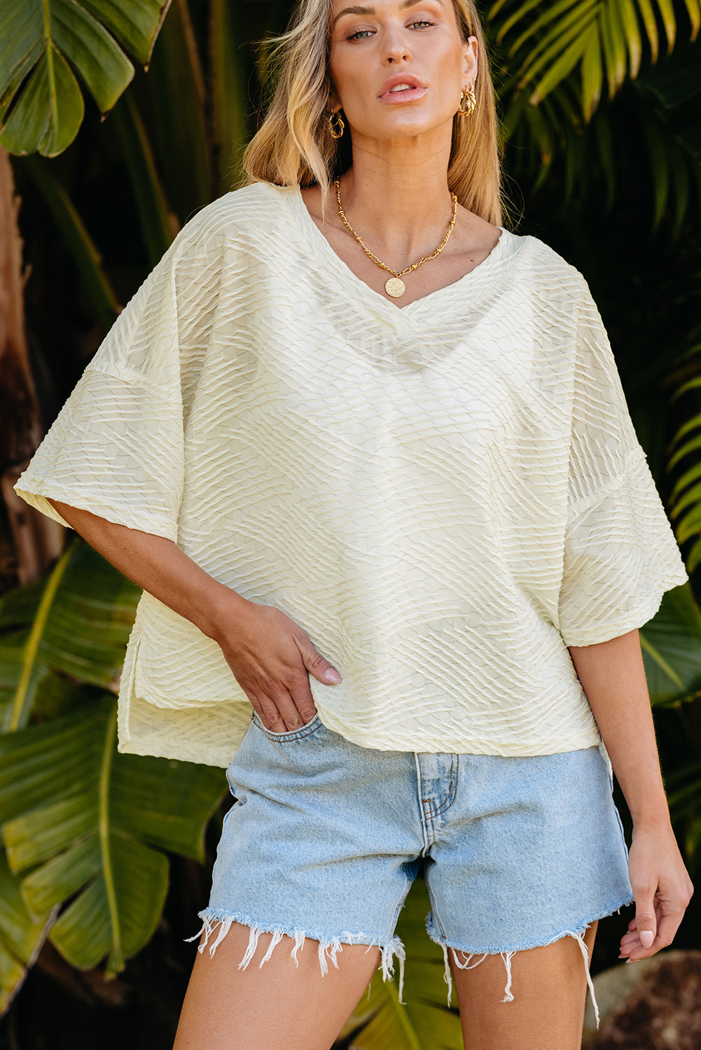 V Neck Textured Split Hem Oversized Top | Beige