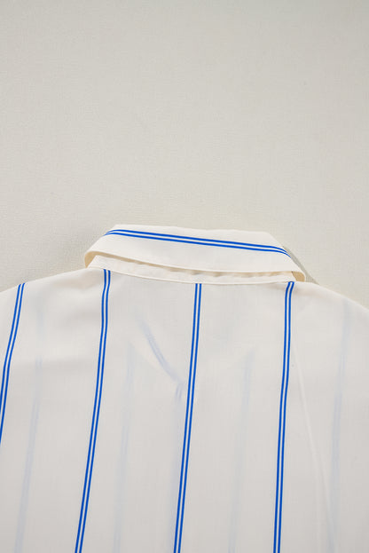 Drop Shoulder Bubble Sleeve Loose Shirt | Sky Blue Stripe