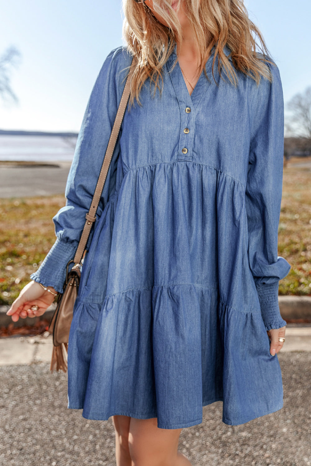 Smocked Cuff Buttoned Tiered Denim Mini Dress | Dusk Blue