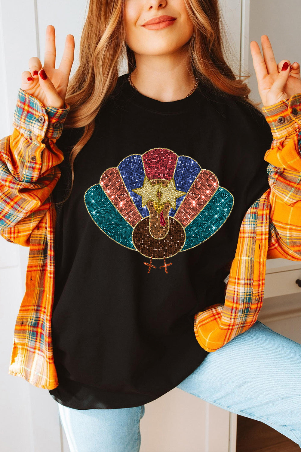 Glitter Turkey Heat Transfer Printing Thanksgiving T Shirt | Black