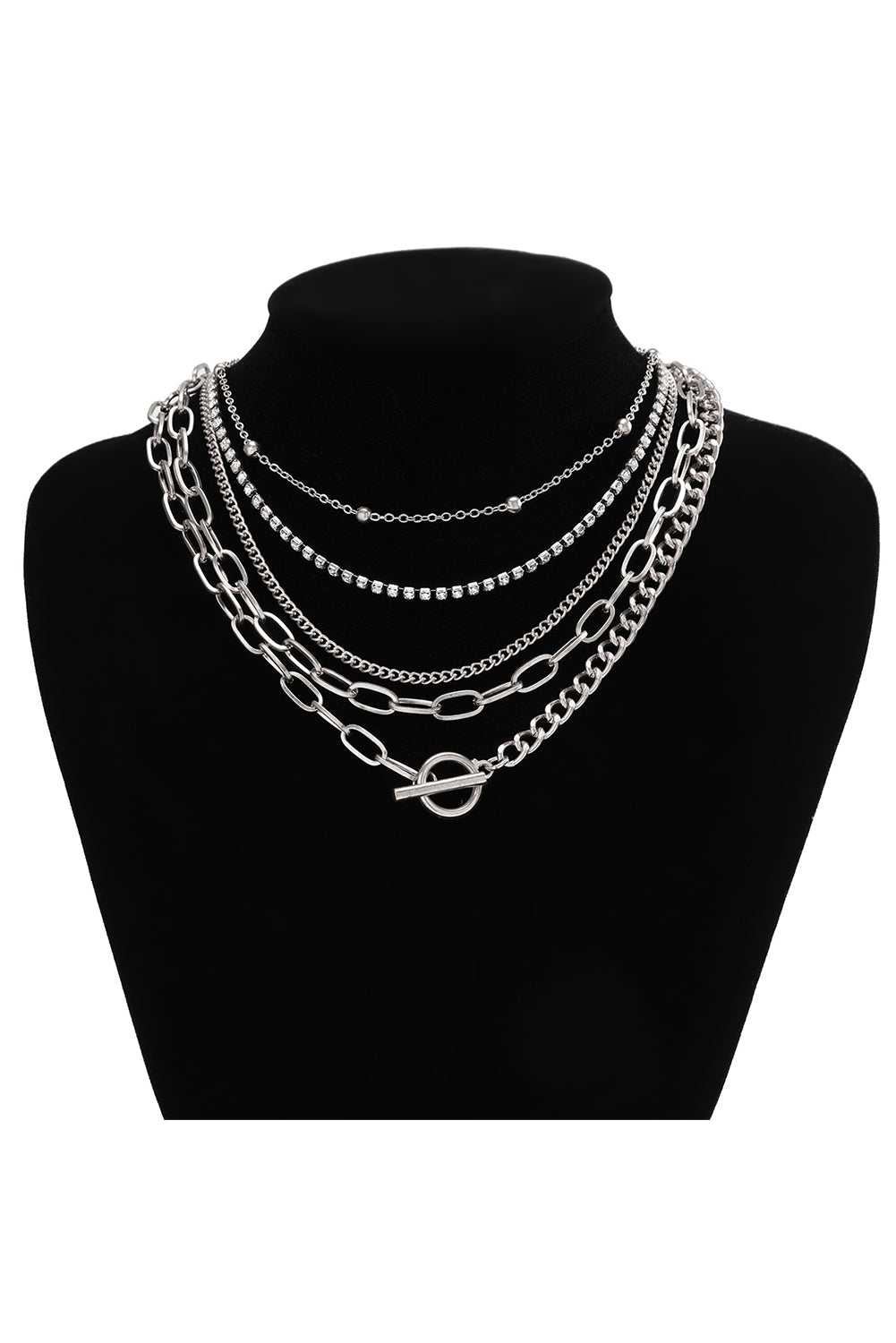 5Pcs Layered Rhinestone Plated Chain Collarbone Necklaces Set | Silvery