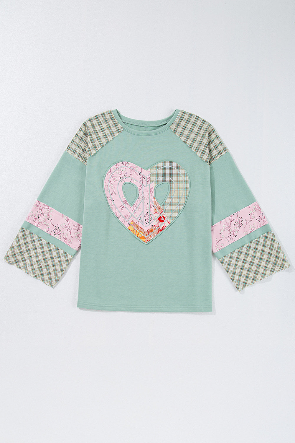 Plaid Floral Peace Heart Graphic Wide Long Sleeve Top | Clearly Aqua