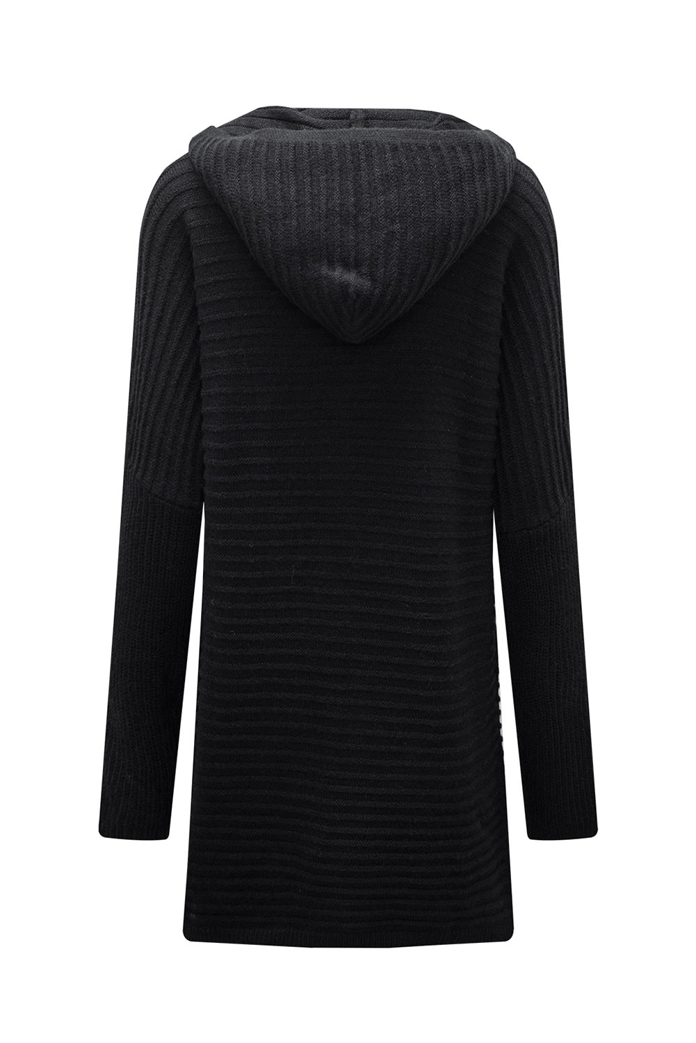 Horizontal Rib Knitted Open Front Hooded Cardigan | Black