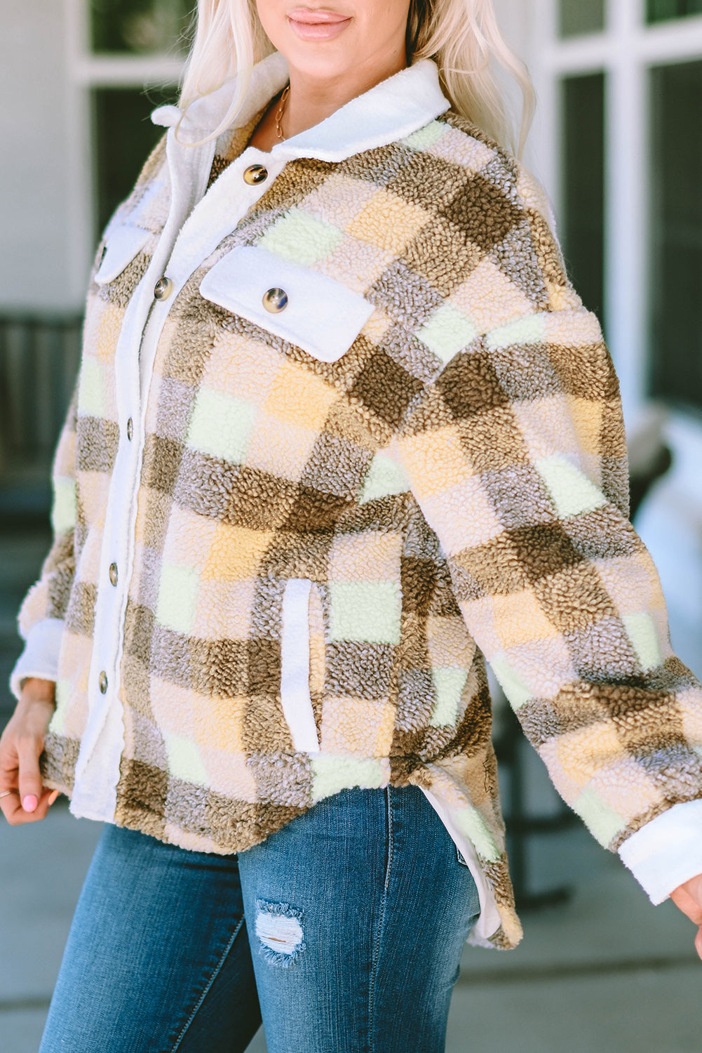 Plaid Sherpa Flap Pocket Shacket | Khaki