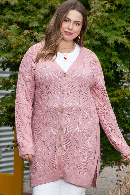 Open Knit Button-Up Plus Size Cardigan | Pink