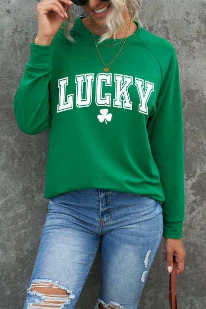 St. Patricks Lucky Clover Print Raglan Sleeve Sweatshirt | Green