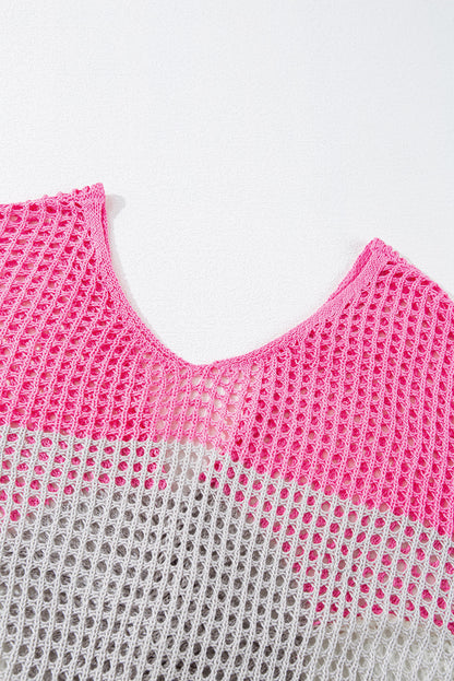 Colour Block Eyelet Long Sleeve Twisted Back Knit Top | Pink