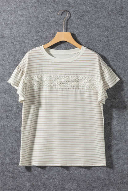 Striped Lace Splicing Ruffle Sleeve T-Shirt | Apricot