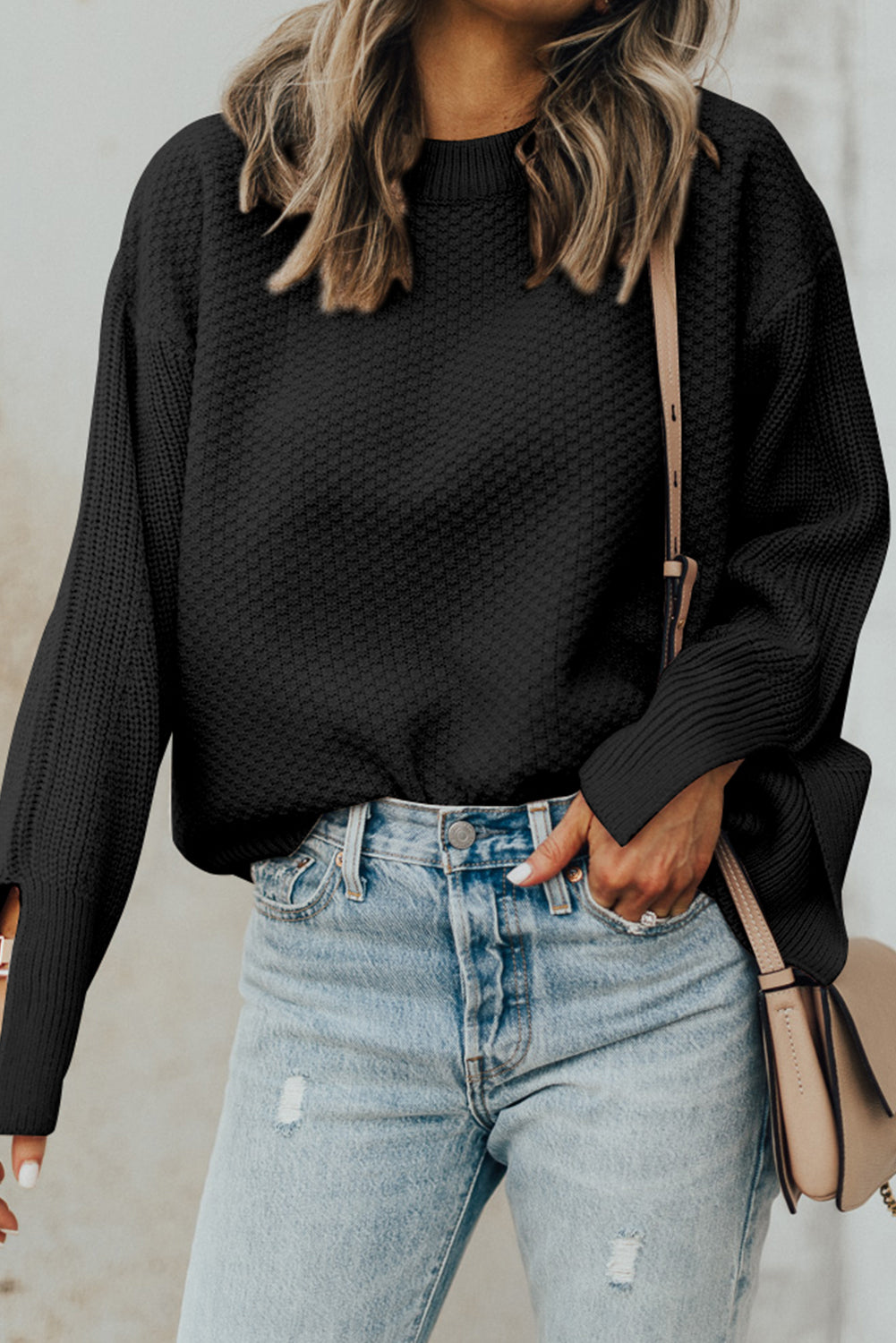 Solid Textured Knit Split Cuff Drop Shoulder Loose Sweater | Black