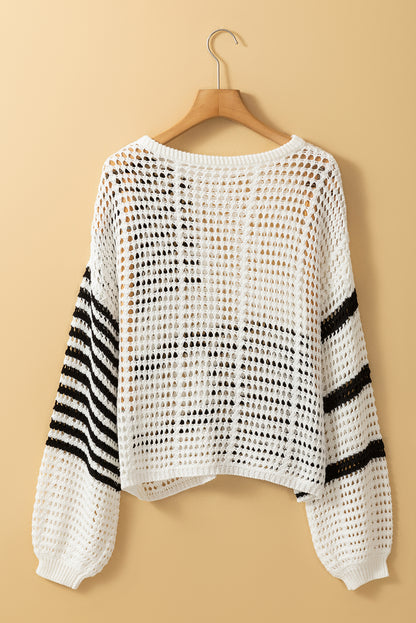 Contrast Striped Crochet Puff Sleeve Sweater | White Stripe