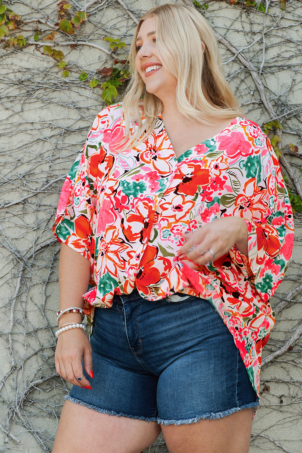 Plus Size Floral Print Kimono Sleeve Shirt | Rose