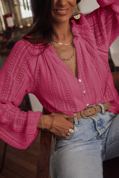 V-Neck Long Sleeve Button Up Lace Shirt | Rose