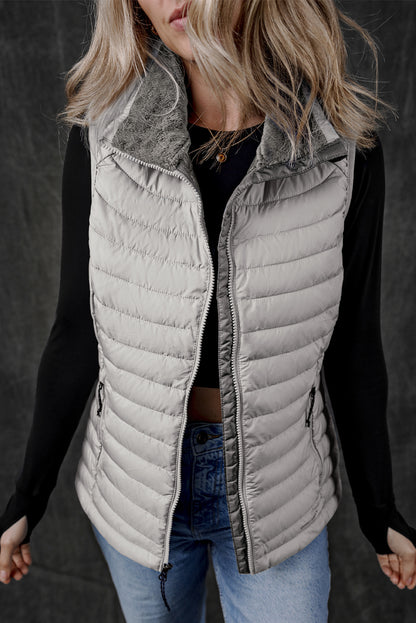 Plush Collared Quilted Zipped Puffer Vest | Silvery