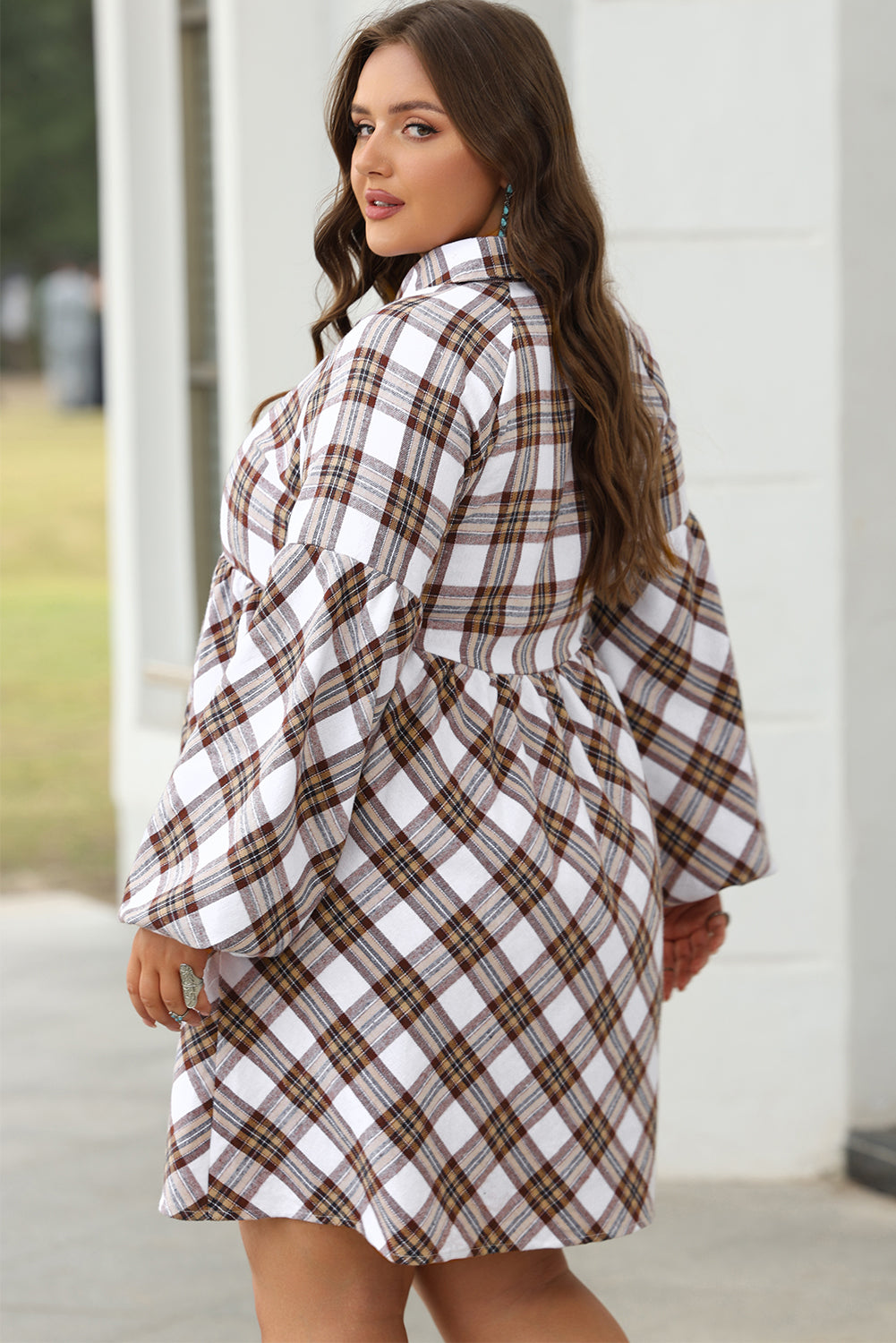 Plaid Bubble Sleeve Flowy Shirt Dress | White