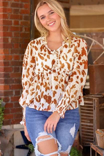 Jacquard Puff Sleeve Peplum Blouse | Leopard