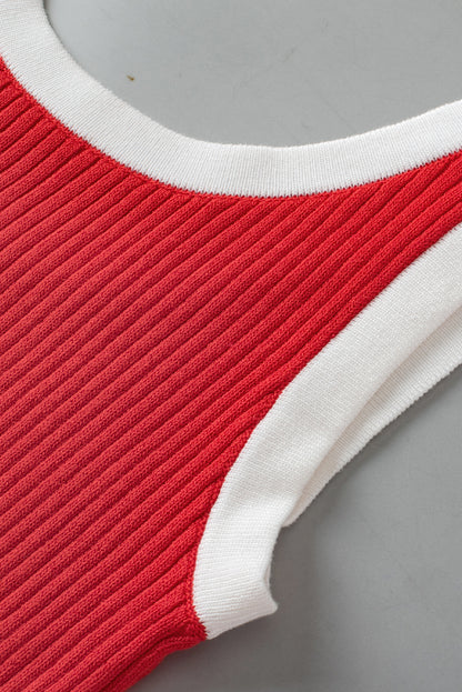 Colourblock Edge Ribbed Knit U Neck Tank Top | Fiery Red