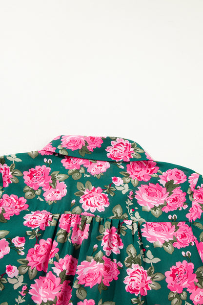 Floral Printed Tied Collar Puff Sleeve Blouse | Green