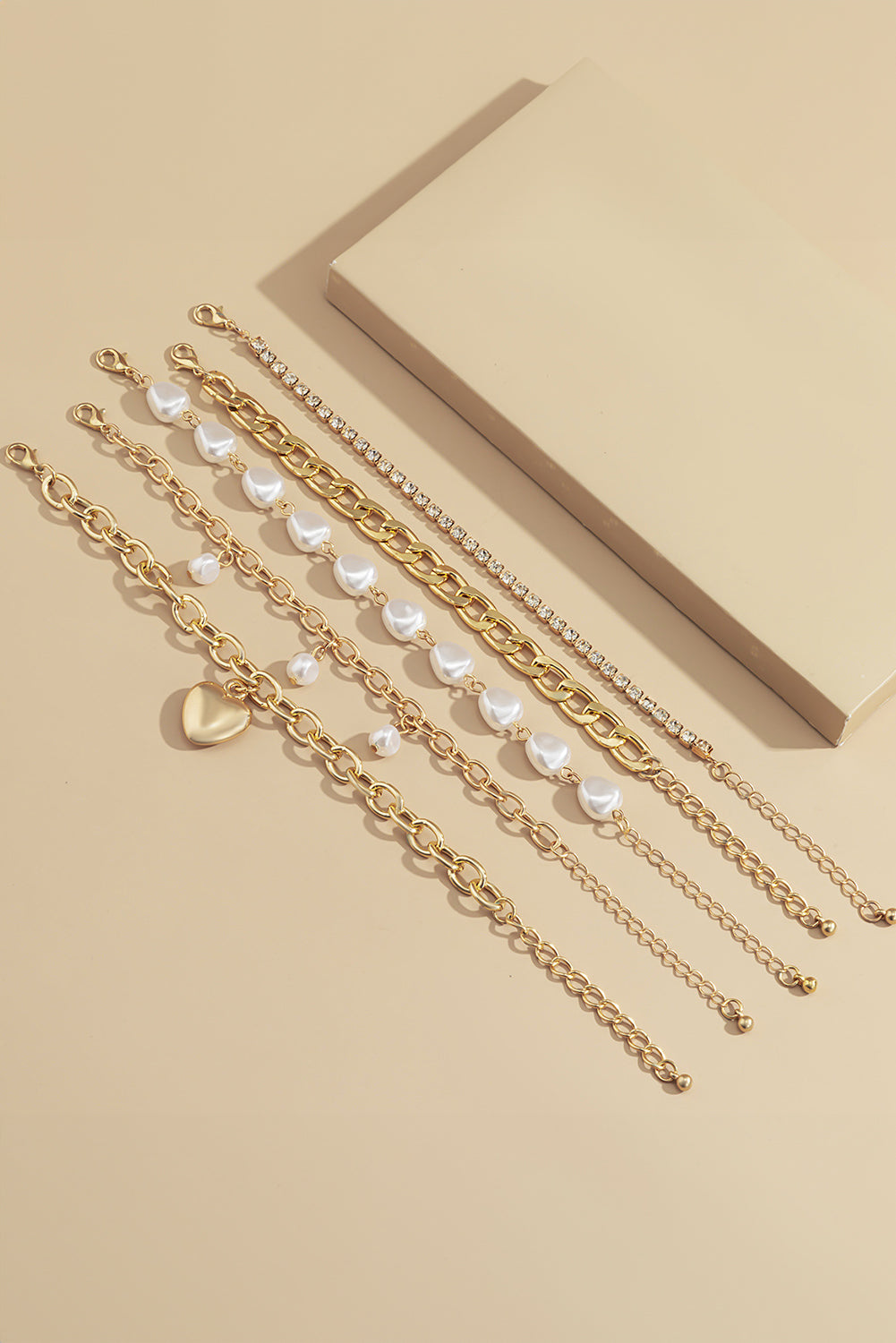 Heart Pendant Pearl Rhinestone Chain Bracelet Set | Gold