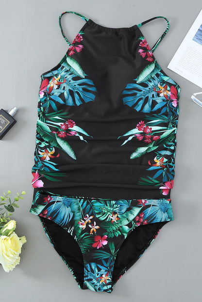 Leaf & Flower Print Ruched Tankini Set | Black