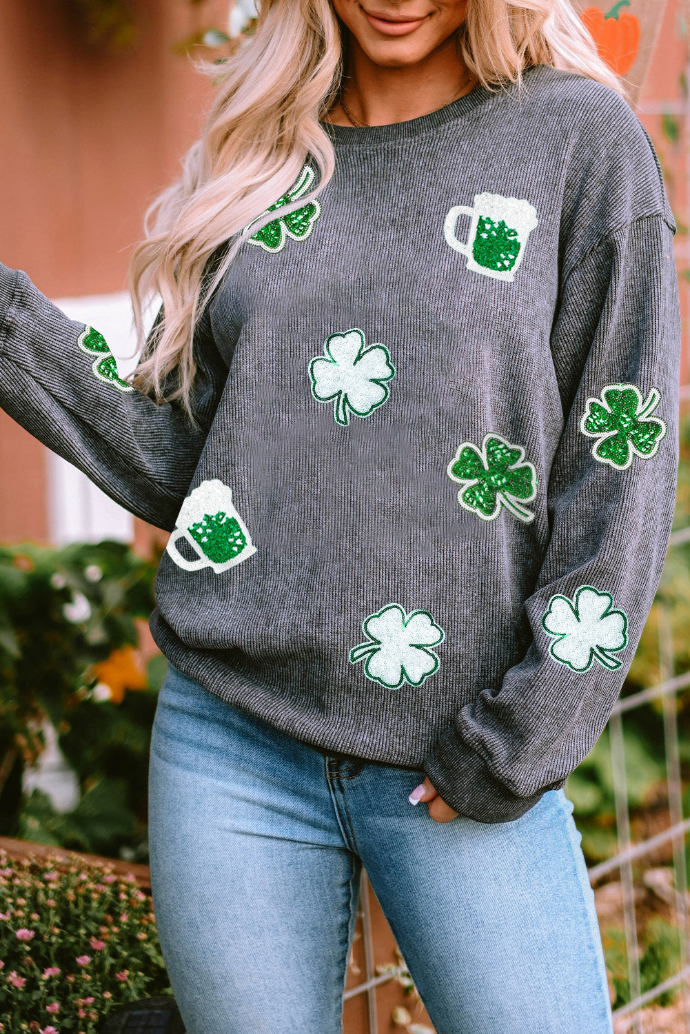 Sequined Clover St Patrick Graphic Corded Sweatshirt | Gray