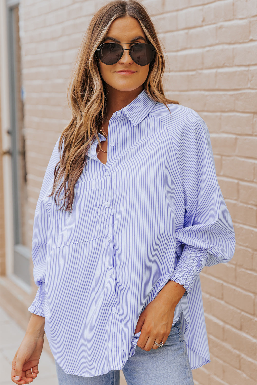 Smocked Cuffed Striped Boyfriend Shirt With Pocket | Sky Blue