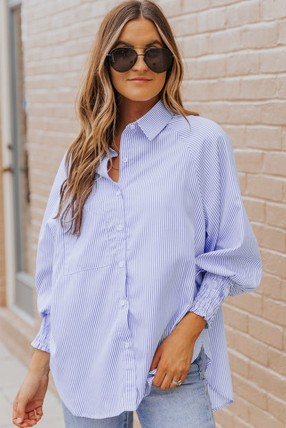 Smocked Cuffed Striped Boyfriend Shirt With Pocket | Sky Blue