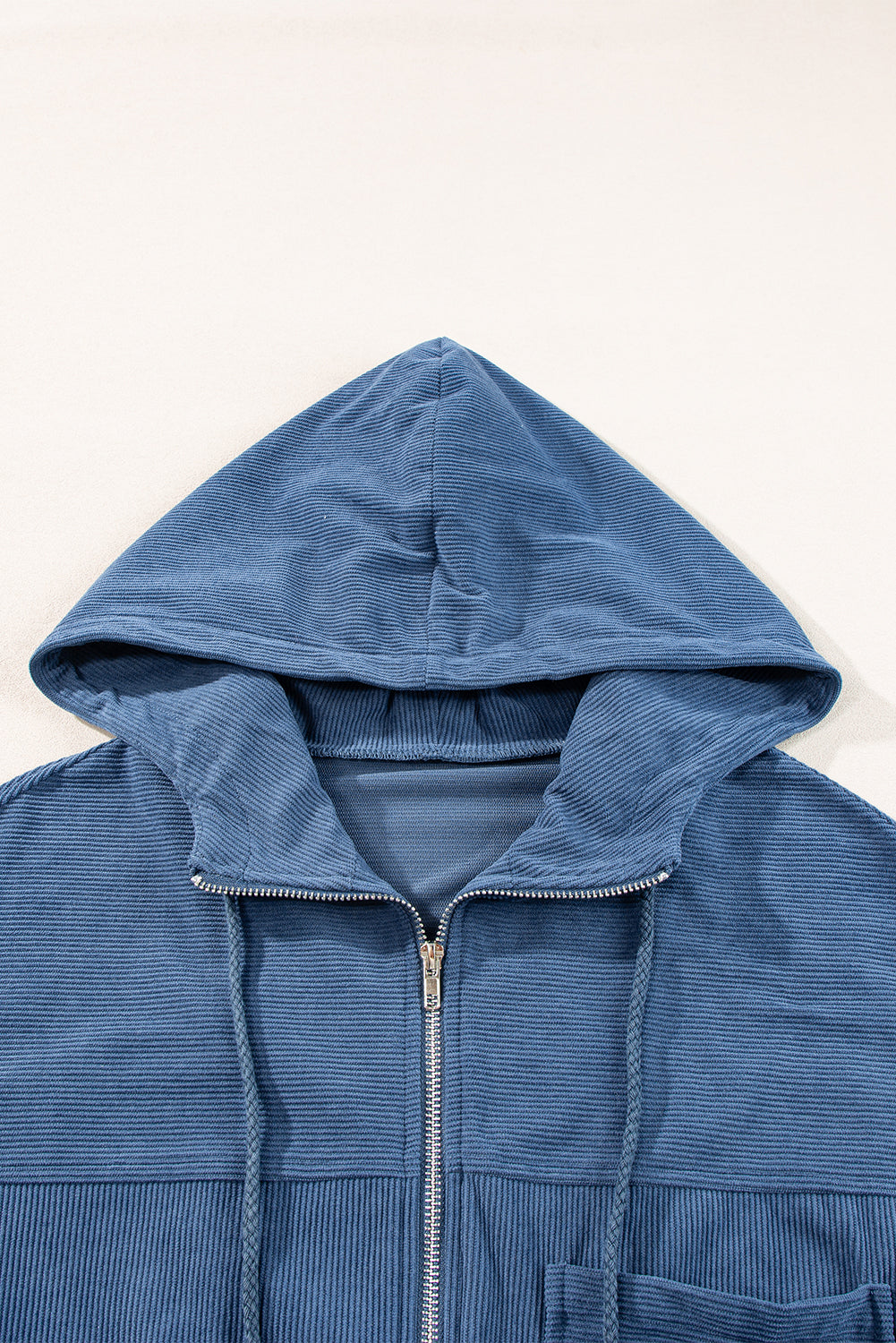 Corduroy Drawstring Hooded Pocket Zip Up Jacket | Real Teal