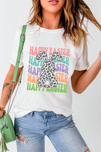 Happy Easter Rabbit Print Crew Neck T Shirt | White