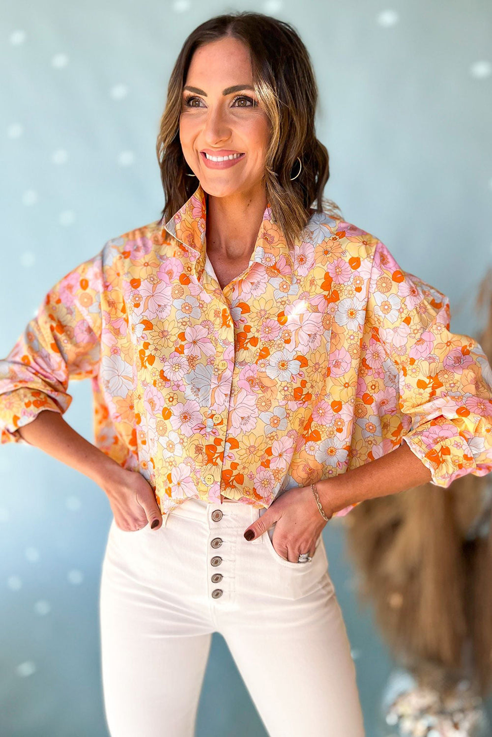 Floral Print Turn Down Collar Loose Shirt | Yellow