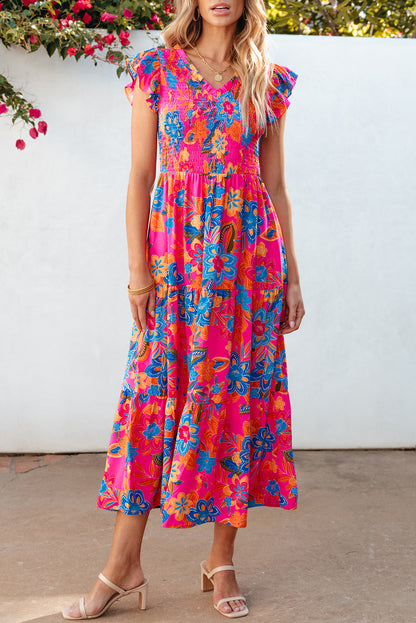 Boho Floral V Neck Ruffle Tiered Long Dress | Rose Red