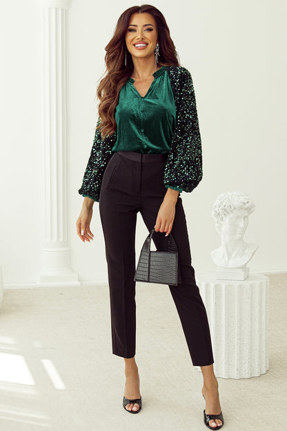 Sequin Patchwork Sleeve Button Up Velvet Top | Evergreen