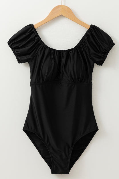 Elastic Neckline Short Sleeve One Piece Swimsuit | Black