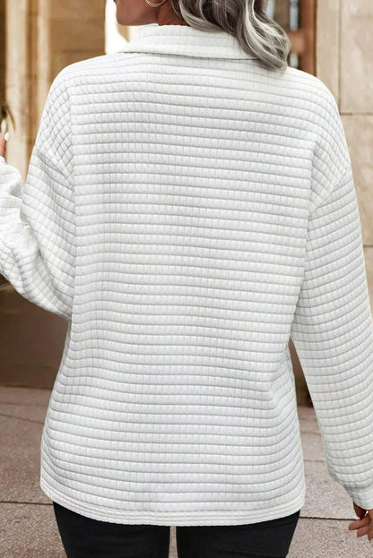 Quilted Texture Sporty Collared Long Sleeve Top | White