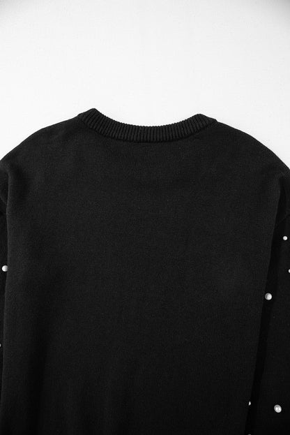 Pearled Drop Shoulder Round Neck Sweater | Black