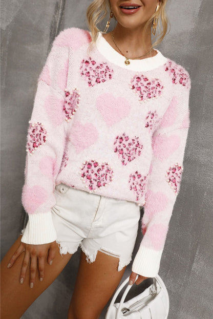 Heart Leopard Print Pearled Ribbed Trim Fuzzy Sweater | Pink